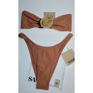 SAME Los Angeles Rosette Bandeau Bikini Set Faux Suede Pink Size Small NWT